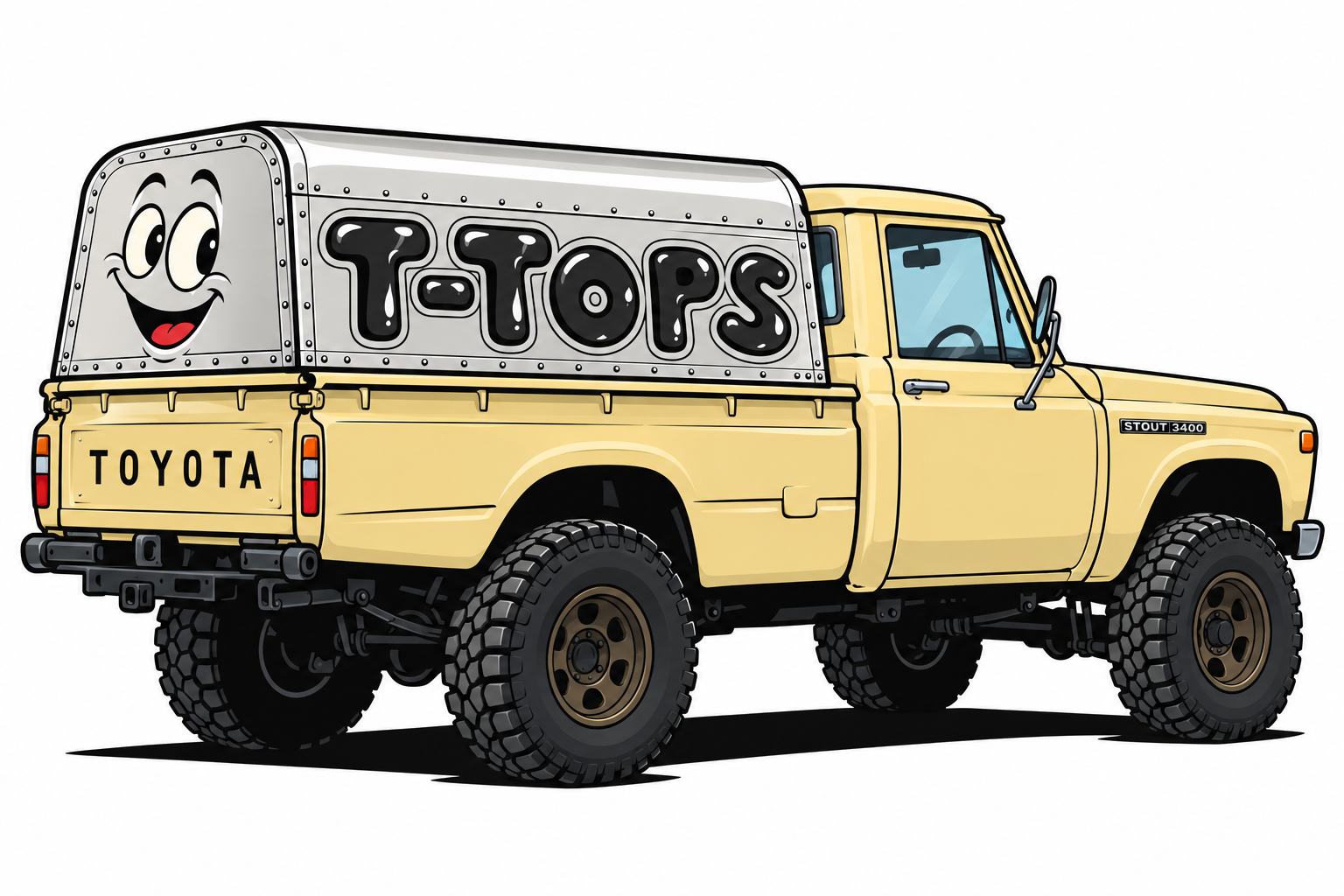 T-Tops smiling camper mascot on a yellow Toyota pickup